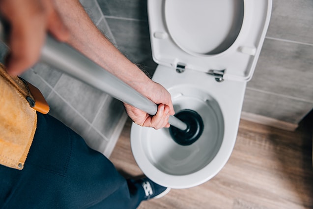 person using plunger on toilet