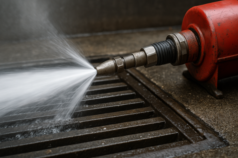 hydro jetting equipment spraying water over drainage grate